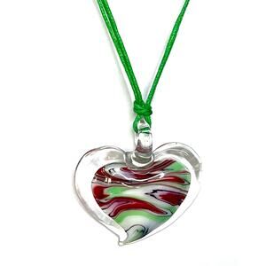 Vintage Murano Art Glass HEART NECKLACE 19-21" Multi Strand Green Rope Artisan